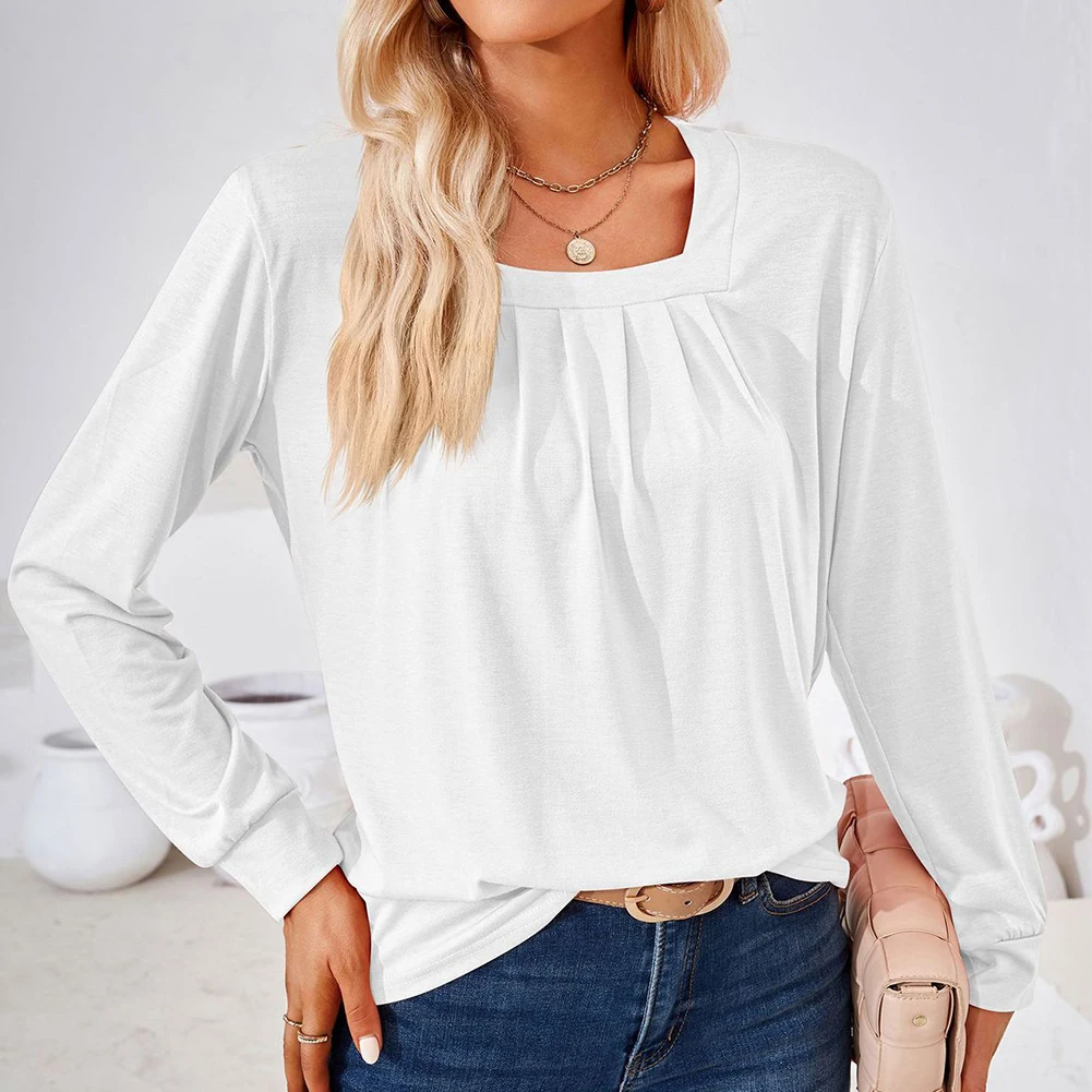 

Women New Fashion T Shirt Long Sleeve Tee Ladies Elegant Work Square Neck Tunic Blouse Novel Breathable Slim Fitting Korean Top