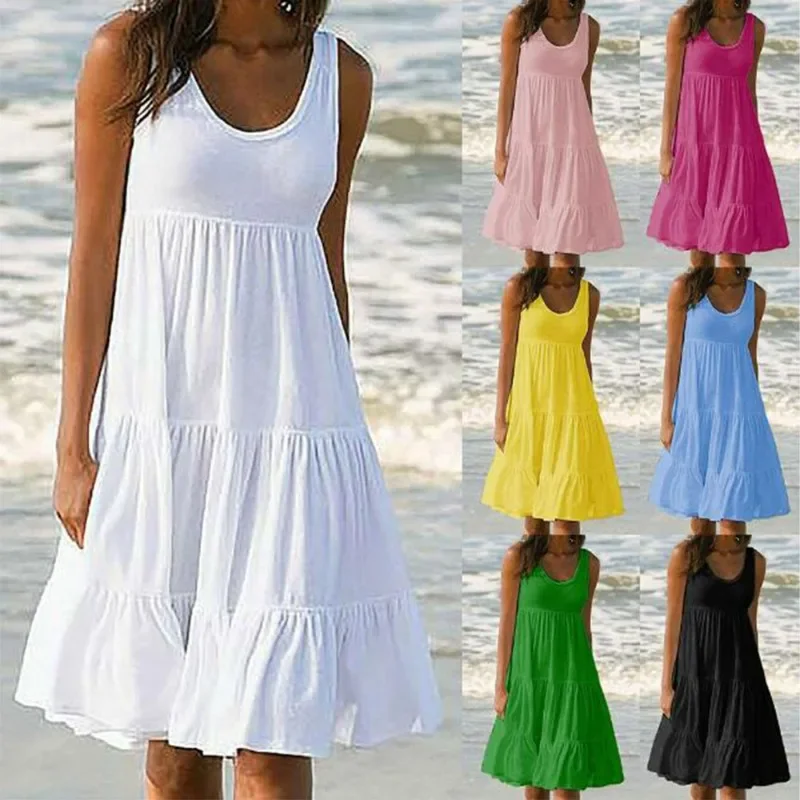 

Women Causual O Neck Sleeveless Ruffles Mini Dress Boho Solid Beach Sundress Oversized Loose Dress 2024 Summer