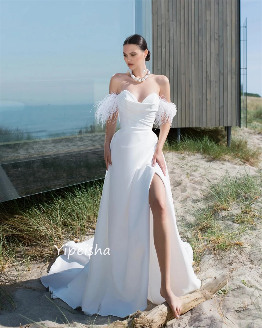 Yipeisha Exquisite High Quality Off-the-shoulder Ball gown Feathers Draped Floor length Charmeuse Evening Dresses