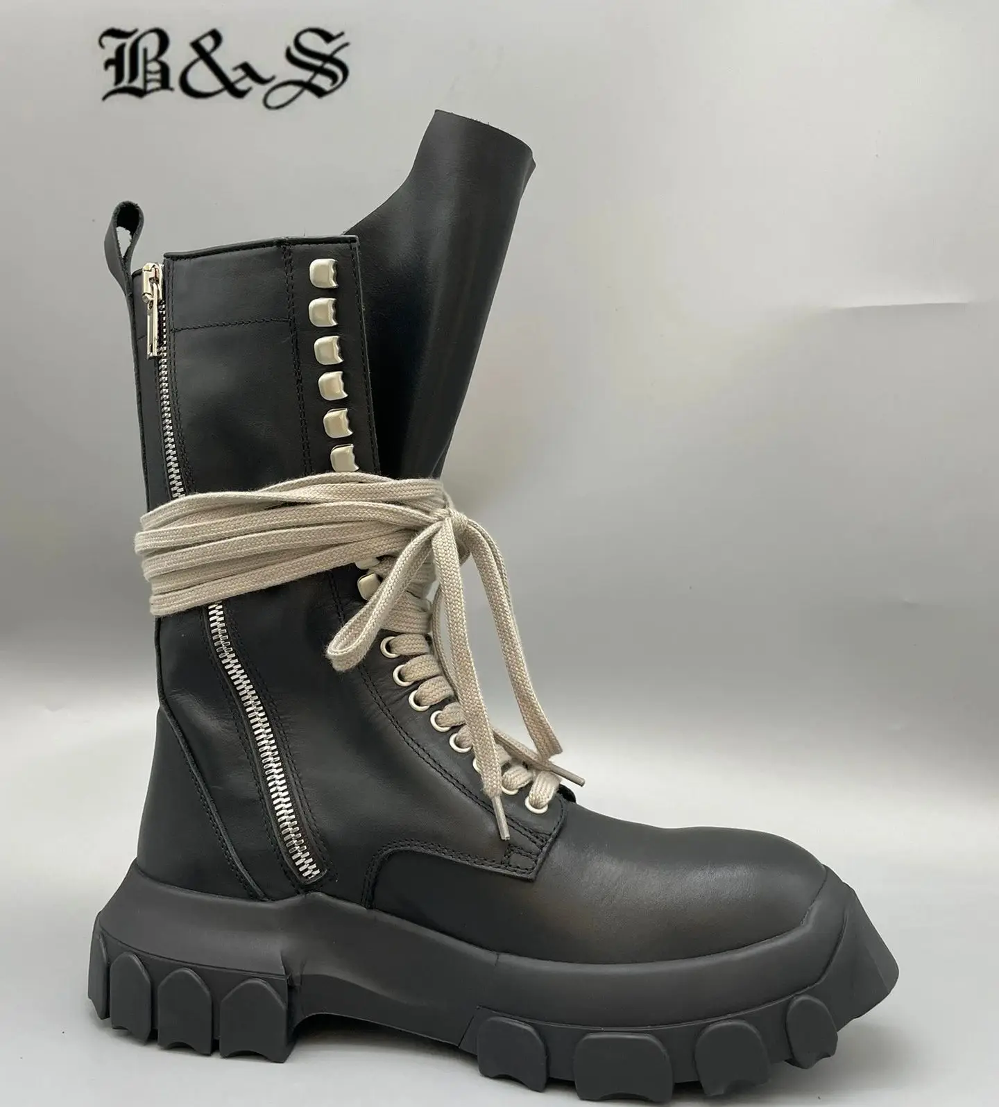 

Black& Street Men Handmade Tpu Sole Heavy industry Tooling Boots Punk Cowboy Bozo Botas