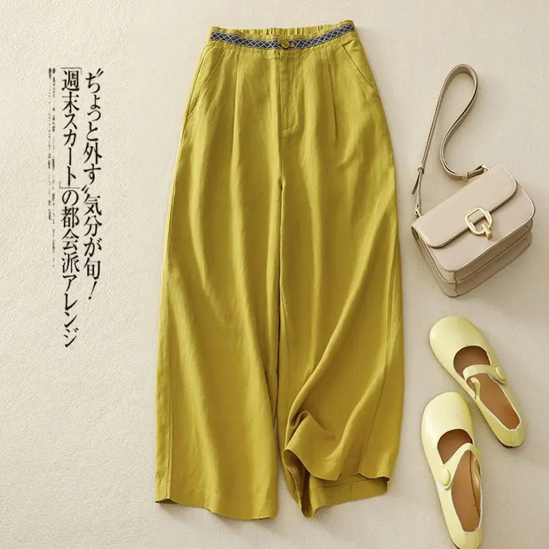 Thin Style Cropped Pants Cotton and Linen Female Elastic Waist Casual Solid Color Loose Summer Multiple Colour Wide Leg Pants