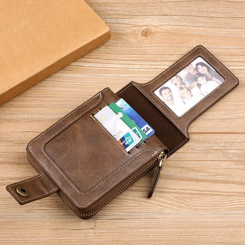 Vintage Popular men's short wallets, retro trend, horizontal zipper coin purse, multi-functional card Durable Convenient Wallets — view 4