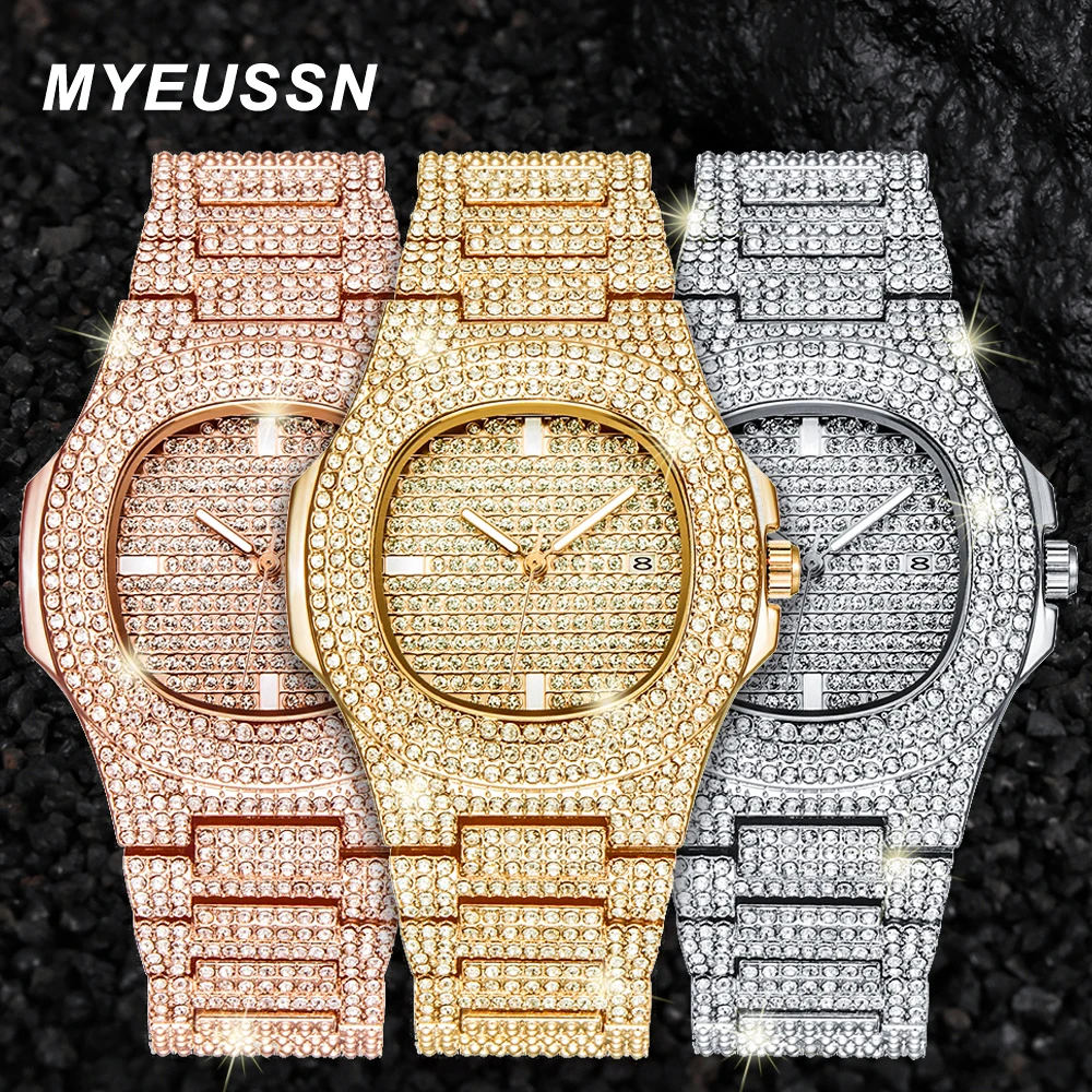 

Hip Hop Men Watch Iced Out Diamond Sparkling Quartz Watches Fashion Classic Arabic Gold Roman Calendar Steel Clock Watch Jewelry