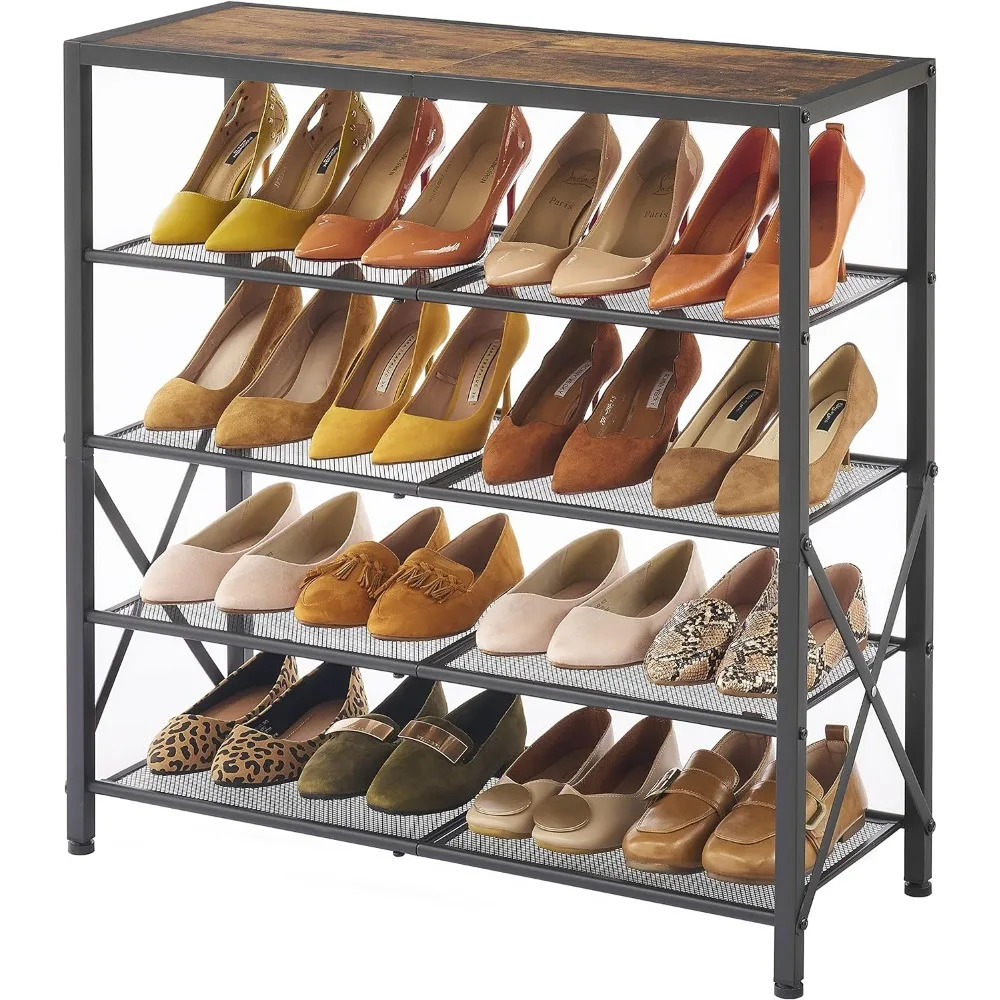 

5-Tier Shoe Rack Organizer, for Closet Entryway, Metal Mesh Shoe Storage Shelf with X Shape Fixed Frame, Rustic Brown & Black