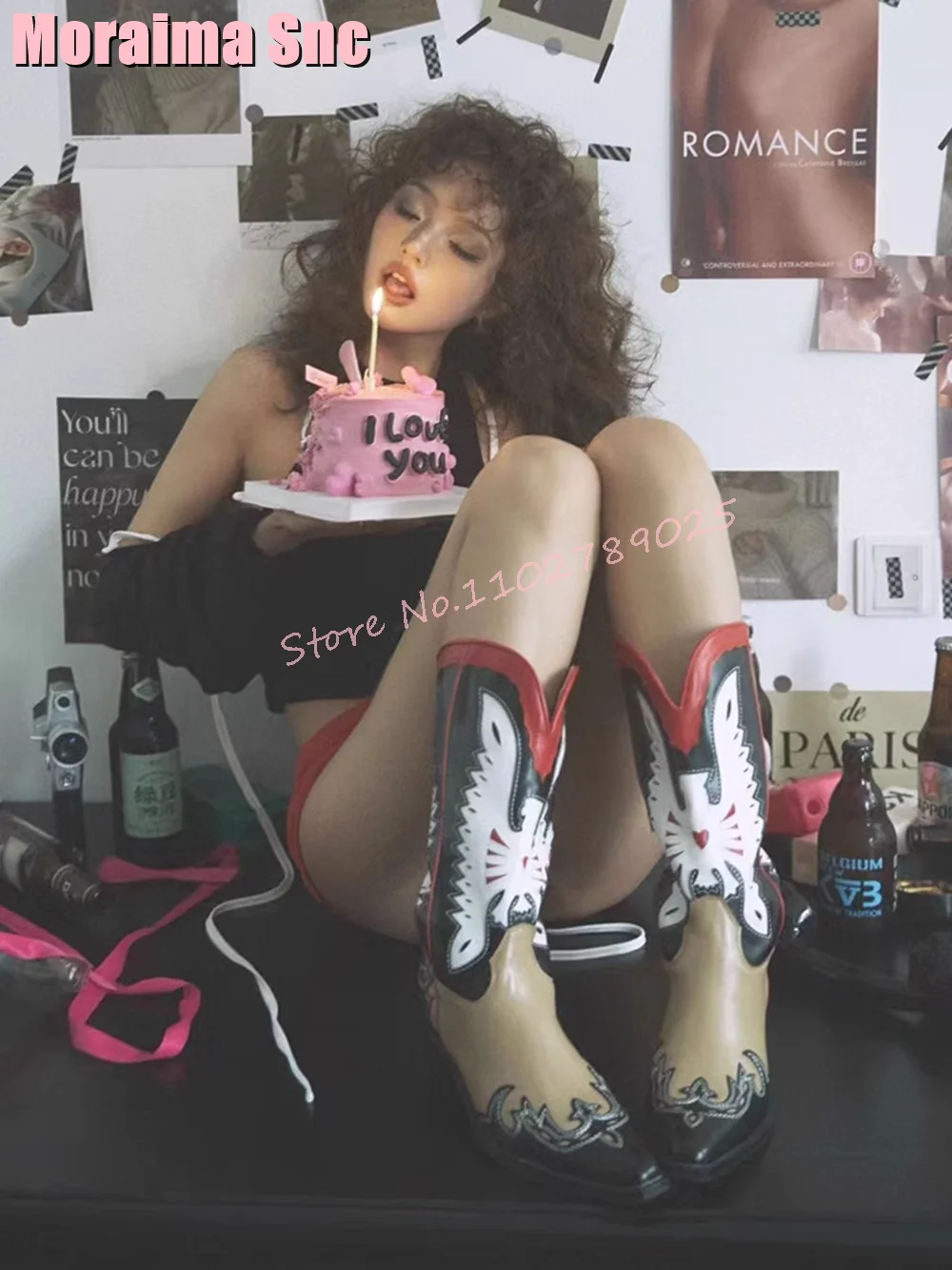 

Butterfly Totem Pointed Toe Mid Calf Boots Slip On Block Mid Heel Stitching Vintage Women Western Long Boots Fashion Mixed Color