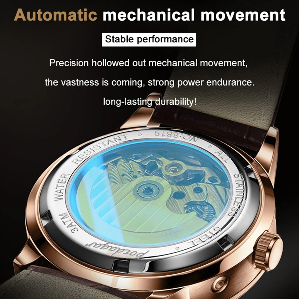 POEDAGAR Orologio da polso meccanico automatico Tourbillon Orologio di lusso da uomo Impermeabile Luminoso Data Settimana Orologi da uomo in pelle + scatola  1511