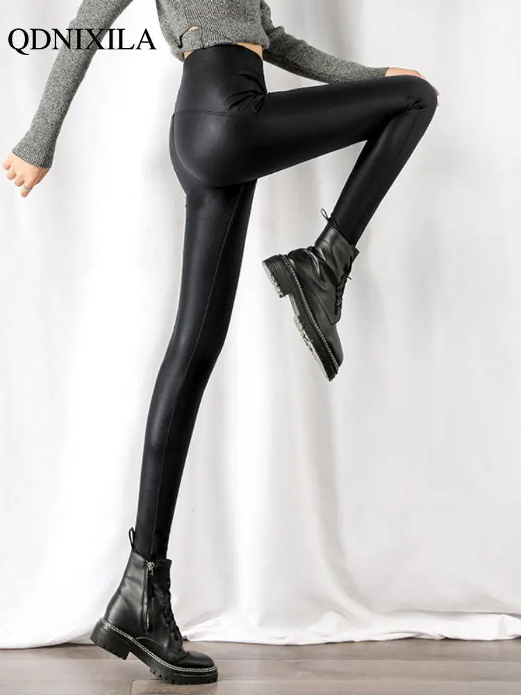 Women's Autumn and Winter Hot Fashion Versatile Sexy Tight Fitting Stretch  Pu Plus Size Leather Pants - The Little Connection