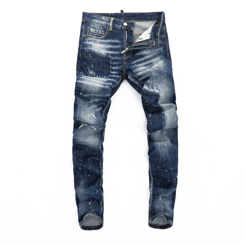 Street Fashion Men Jeans High Quality Retro Blue Stretch Skinny Fit Ripped Jeans Men Painted Designer Hip Hop Brand Pants Hombre
