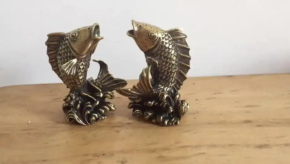 Solid Copper Koi Fish Figurines Miniatures Office Desktop Ornament