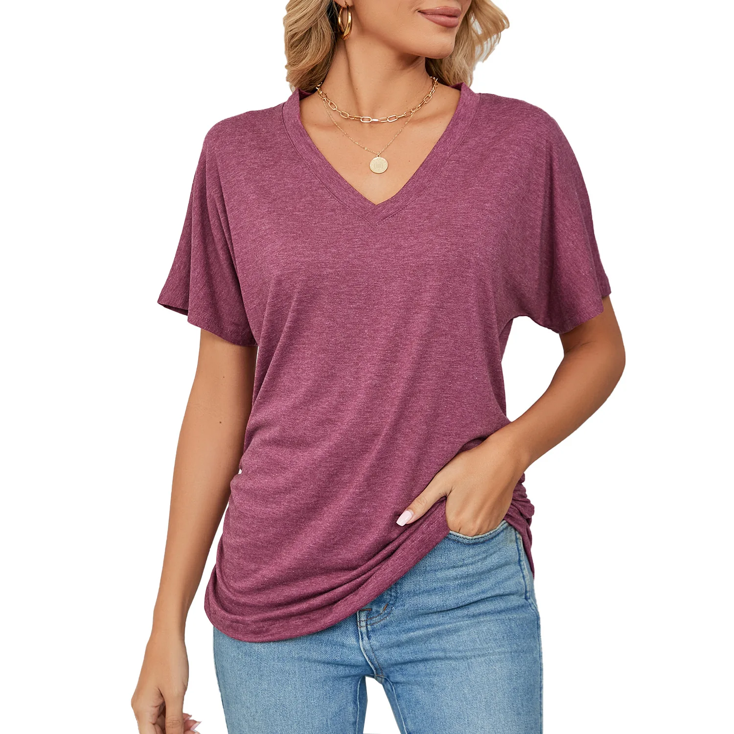 

Women's Summer Casual Pullover V-neck Solid Loose T-shirt Top