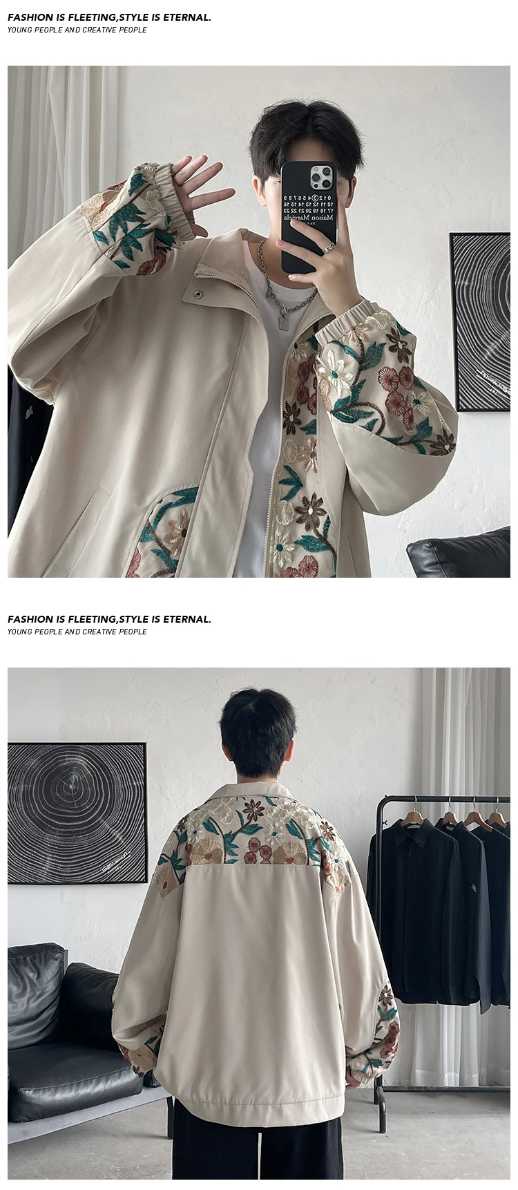 Flower Embroidered Jacket Men Fashion Black Beige Casual Jacket Mens ...