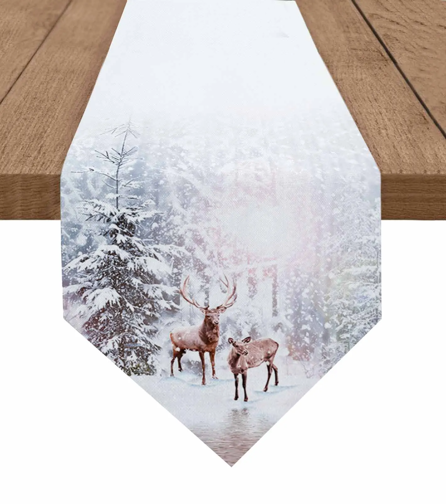 

Christmas Forest Snowflakes Reindeer Table Runner Wedding Party Decor Tablecloth Holiday Kitchen Table Decor Table Runner