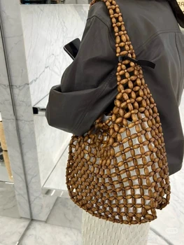 Borsa tote retrò fatta a mano con perline in legno da donna, borsa da spiaggia estiva, pochette bohémien
