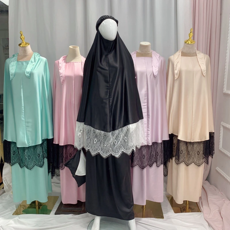 

ИД мусульманская женская молитвенная одежда 2 штуки Jilbab Abaya с капюшоном кружевное длинное платье химар Рамадан юбка комплекты кафтан джеллаба