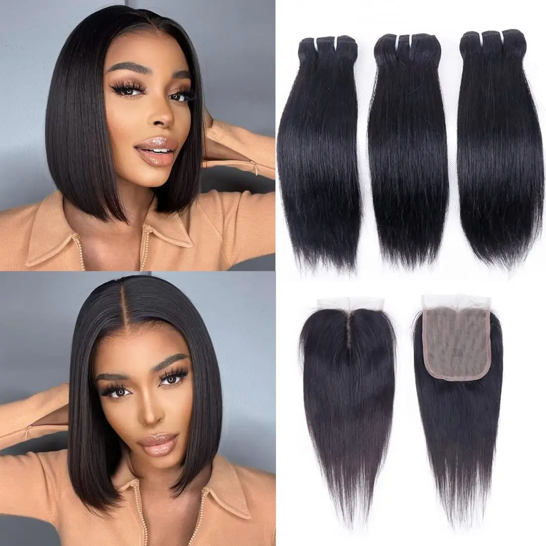 Brazilian Straight Human Hair Bundles Weave Extensions With Lace Frontal Closure 3/4 Bundles With Closure Remy Hairs  30 32 Inch