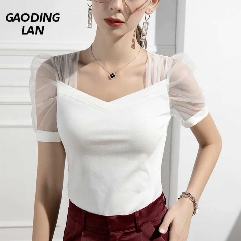 

Summer New Square Collar Women Short Sleeve Solid Color T-shirts Mesh Princess Sleeve Slim Fit Large Size Pure Cotton Fairy Tops