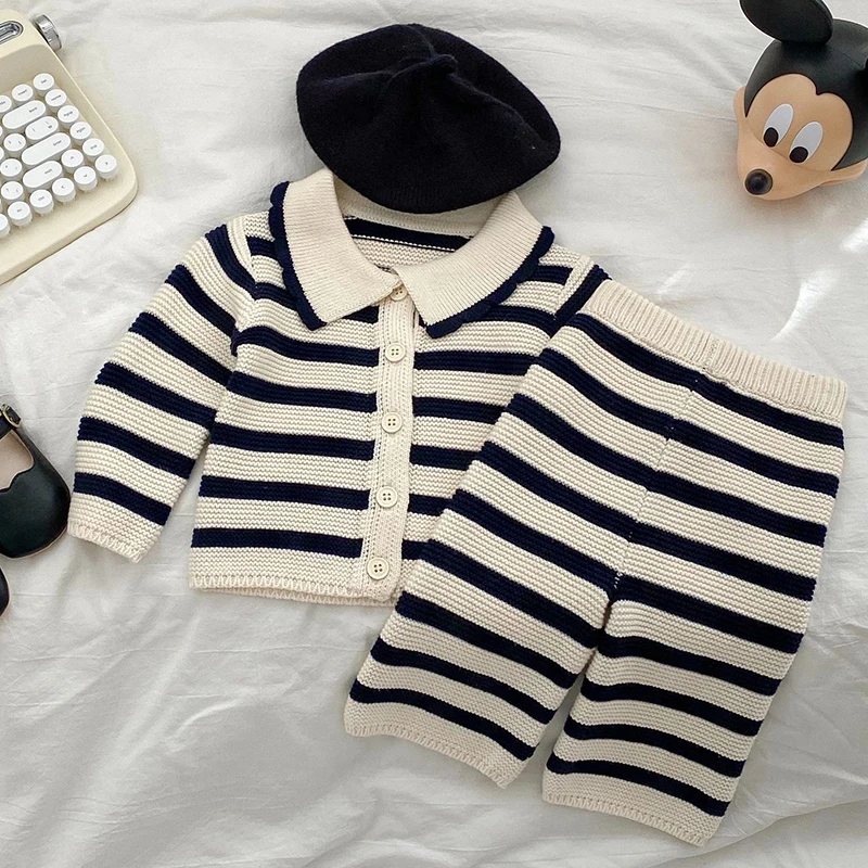 

Autumn Spring Newborn Baby Girls Knitting Clothing Set Long Sleeve Striped Cardigan Coat+Trousers Toddler Baby Clothes Suit