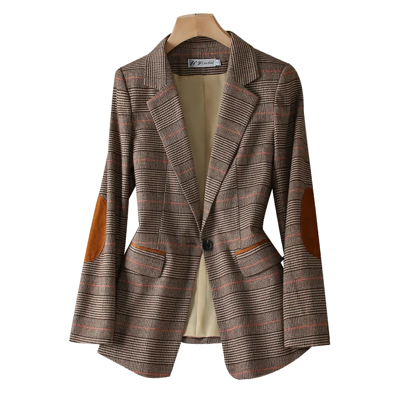 New Arrival Ladies Casual Coffee Plaid Blazer Women Long Sleeve Single Button Slim Jacket Coat For Autumn Winter Blazers Y2K large size new arrival autumn winter ladies casual blazer coat women   coffee plaid long sleeve single button slim jacket