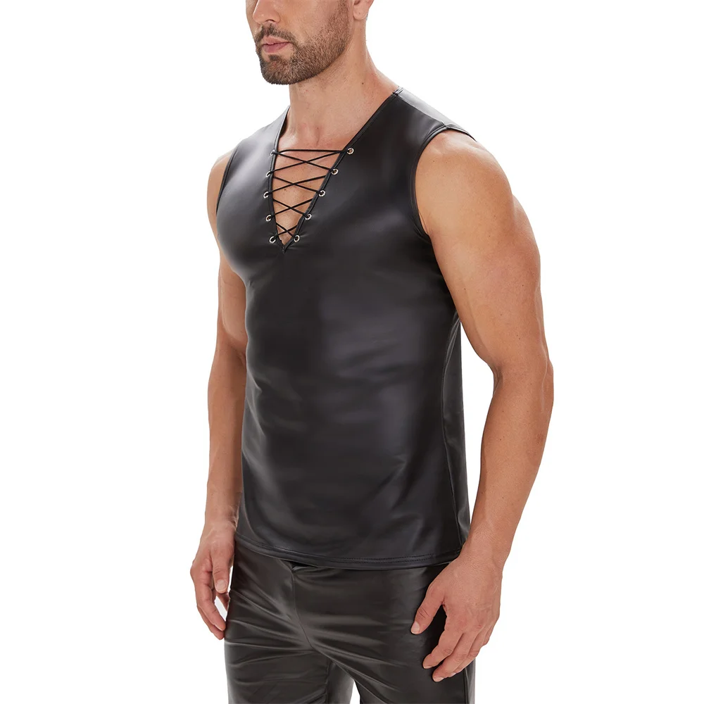 Men Faux Leather Vest Moto Lingerie Tanks Tops Night Clubwear Men's Clothing Leather Sleeveless Bandage Undershirts Body Shaper