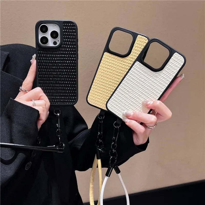 

Ottwn Woven Pattern Crossbody Necklace Strap Lanyard Cord Phone Cases for iPhone 15 11 12 13 14 Pro Max Soft Back Bumper Covers