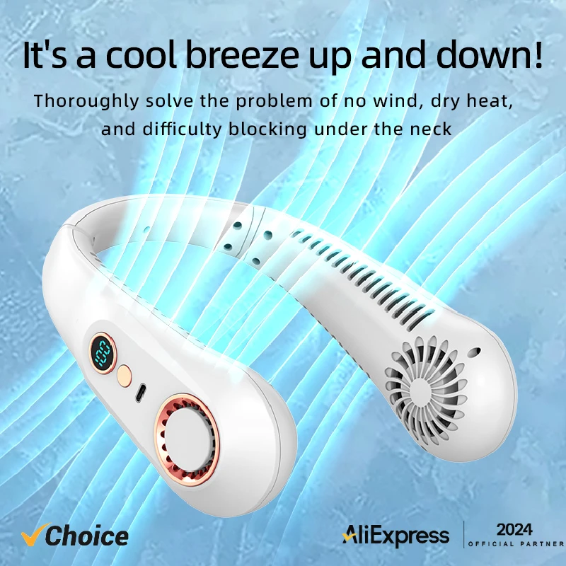 

New Summer Portable Mini Hanging Neck Fan Bladeless Neckband Fan Digital Display Power Air Cooler USB Rechargeable Electric Fans