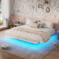 Floating Bed Frame King Size W/ LED Lights, Metal Platform King Bed W/ Heavy Duty Steel Slats & 4 Mattress Slide Stopper, White 1