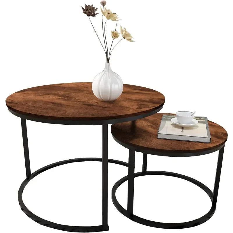 Round Coffee Table Set of 2 Modern Nesting Side End Table for Living Room,Round Wooden Coffee with Solid.