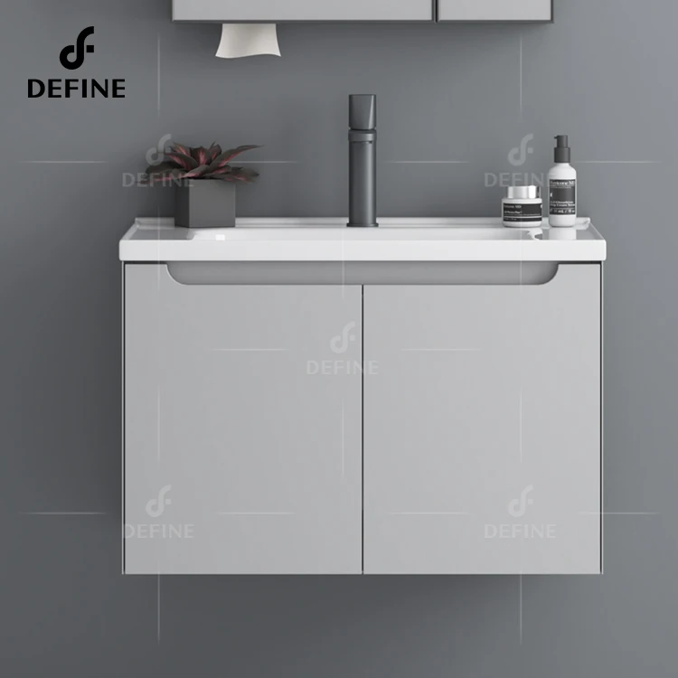 Space-saving Vanity Grey Color Wall Mounted Single Sink Cabinet For Hotel Bathroom With LED Mirror