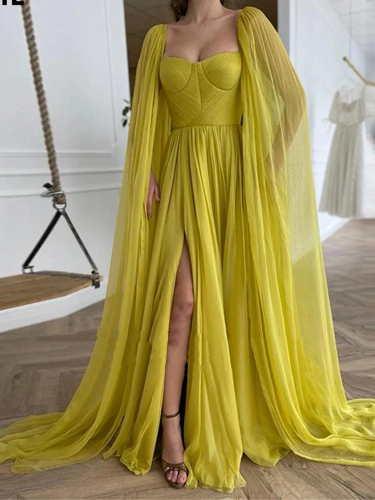 black ball gown 2022 Elegant Citrine Yellow Silk Chiffon Prom Dresses With Long Cape A Line Sweetheart Pleats a leg slit Evening Gowns plus size gowns