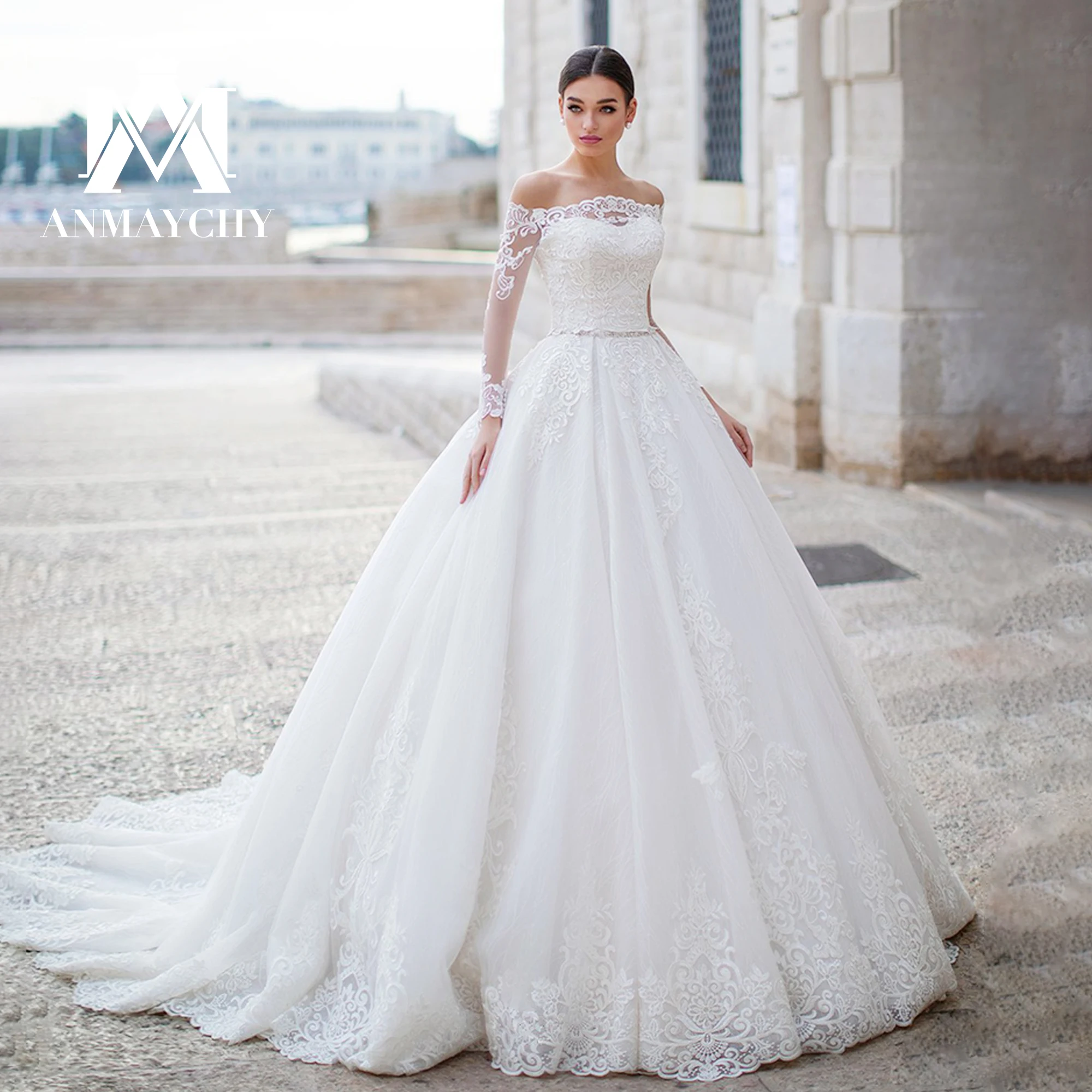 

ANMAYCHY A-Line Wedding Dress 2023 With Long Sleeve Jacket Strapless Appliques Lace Chapel Train Wedding Gown Vestidos De Novia