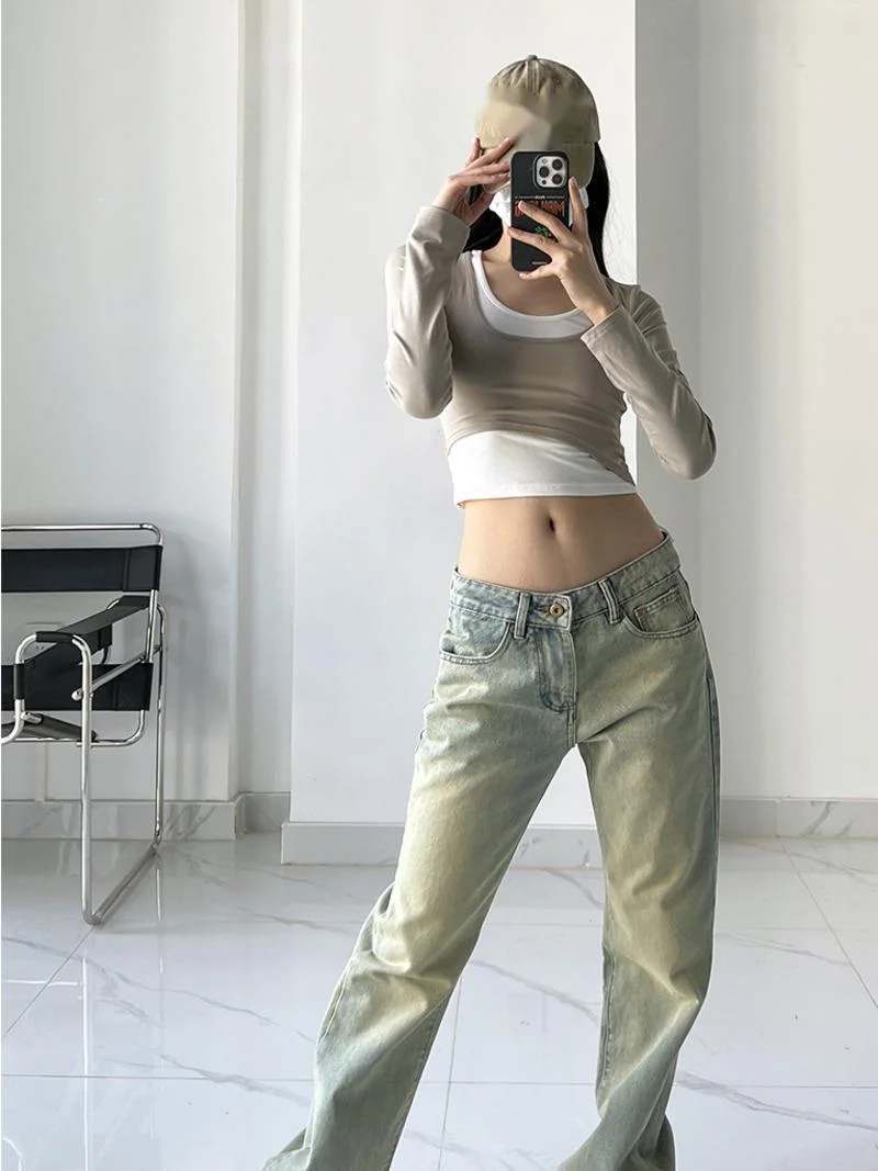 

TVVOVVIN 2023 Autumn New American Street Y2K Washed Old Low Waist Straight Leg Wide Leg Slim Floor Dragging Denim Pants QCLT