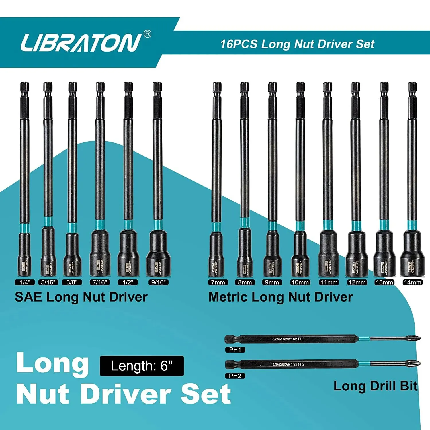 Libraton 16PCS Magnetic Nut Driver Set Metric & SAE Long Nut Drivers for Impact Drill Long Shank Nut Driver Bits Hex Shank PH1 2 2