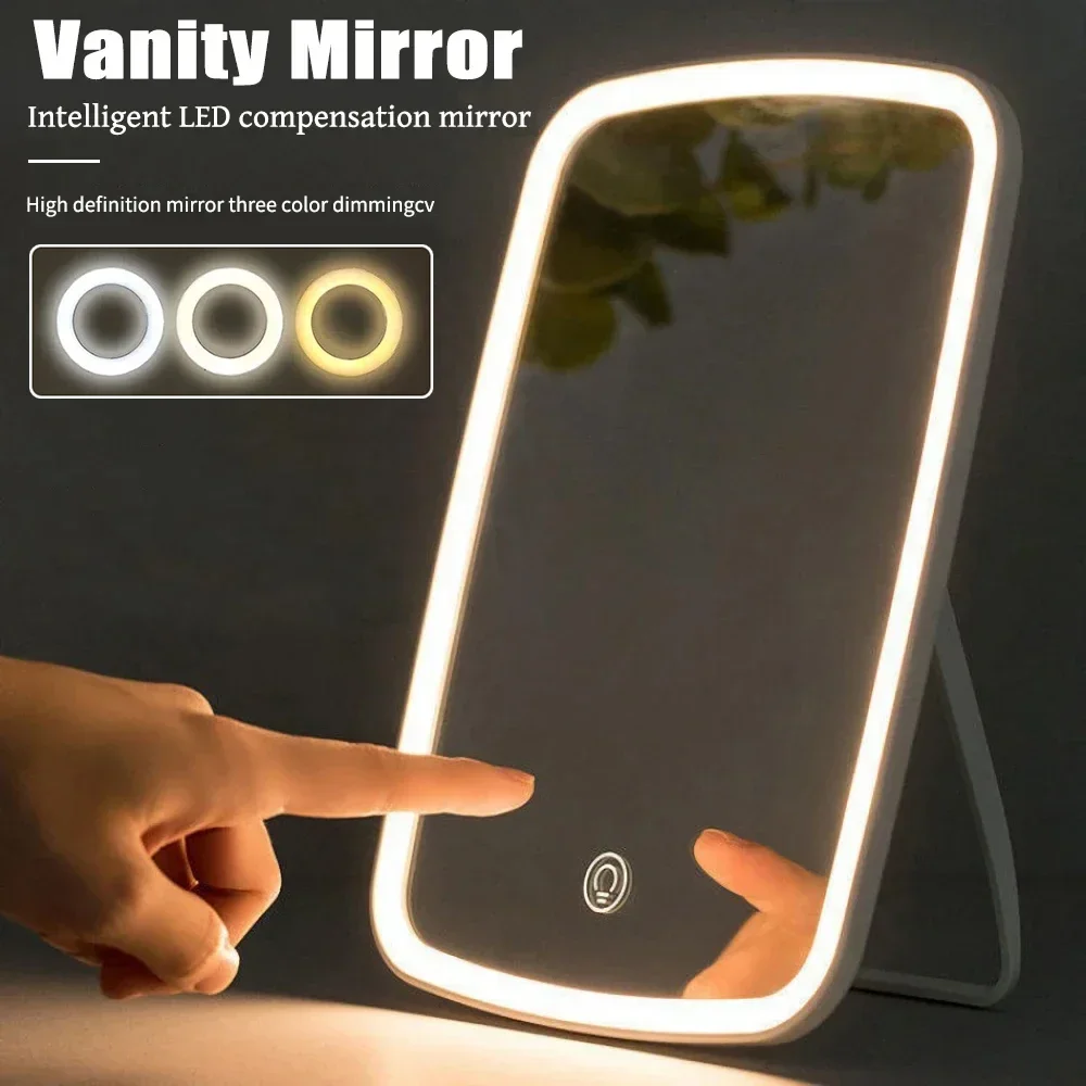 Vanity Lights USB Rechargeable Foldable Makeup Mirror Bathroom Dressing Table Lighting DimmableControl Tricolor Lamp Mirror Pink