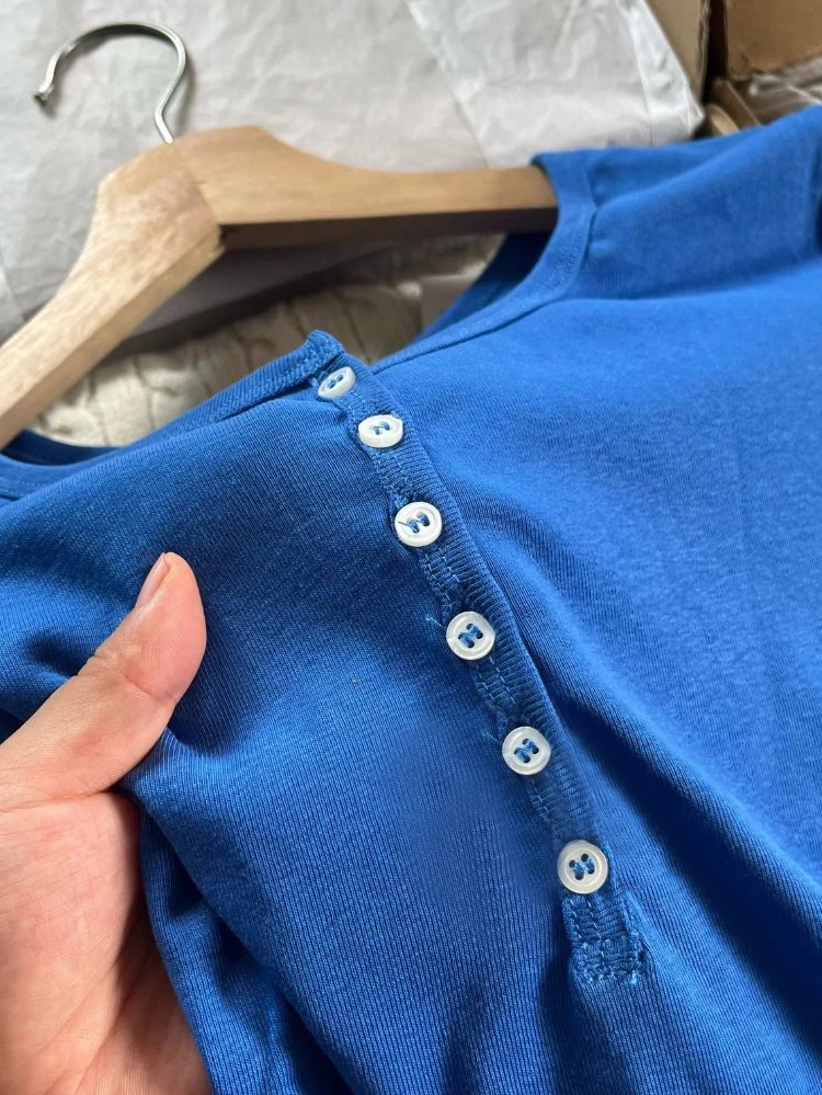 Six Buttons Royal Blue Long Sleeve T-shirts Women Autumn O-neck Cotton Slim Tee Tops New Preppy Style Solid Simple Basic Tshirts 4