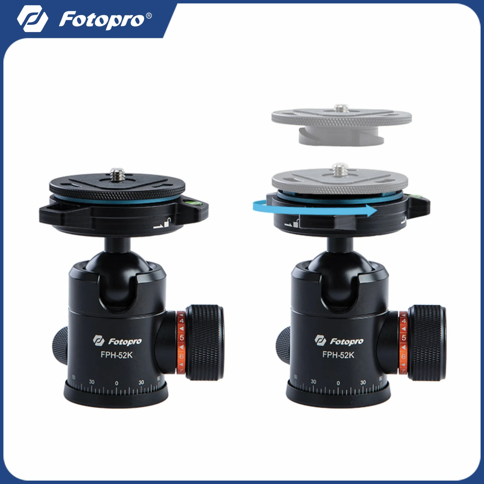 Fotopro Ball Head with I-Speedy Quick Release Mount 360&deg; Rotating Panoramic BallHead for DSLR Camera Tripod FPH-52K