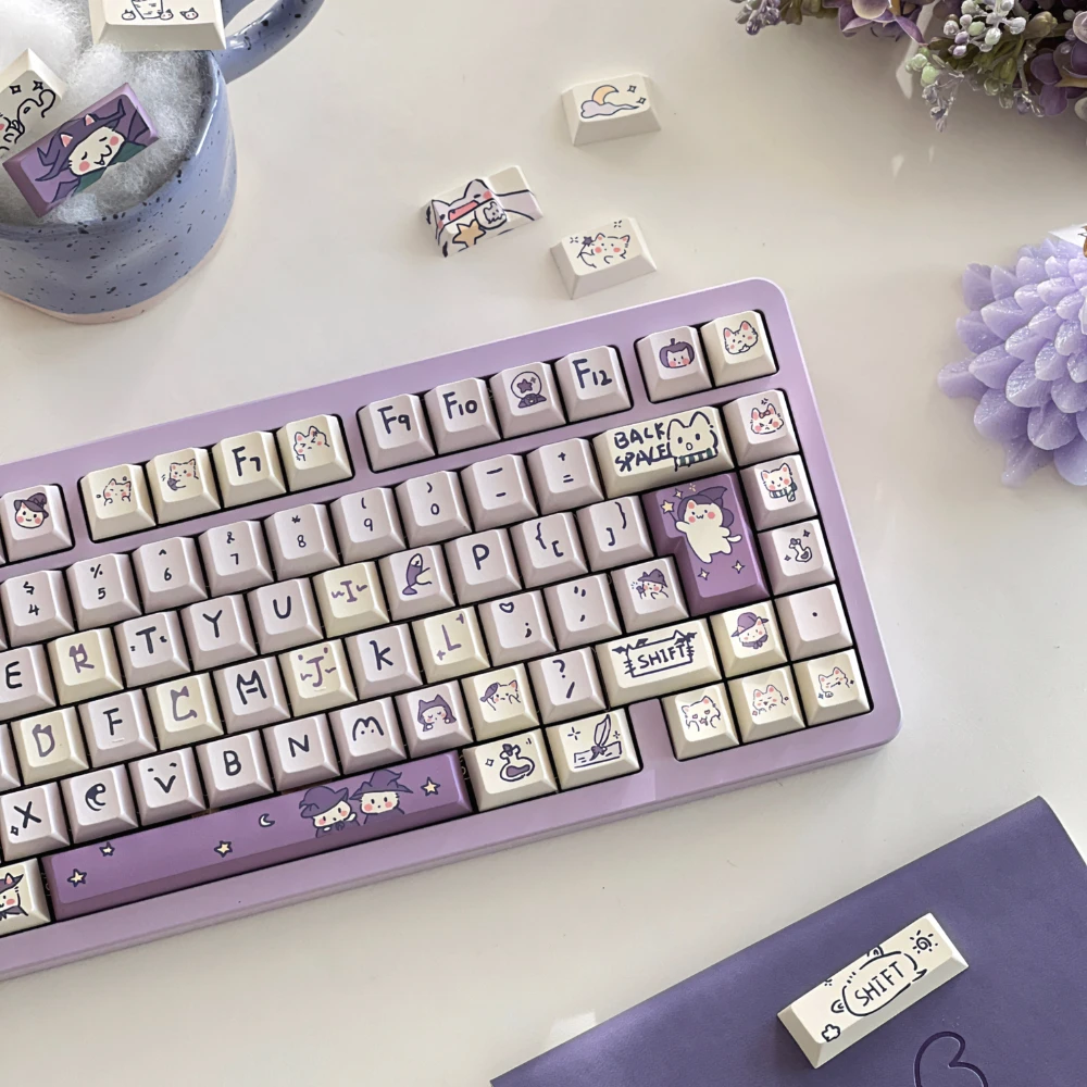 Teclado Mecânico Keycap Gato Roxo dos Desenhos Animados Roxo Mágico Bonito Meow Keycap Moa Cereja Mda Faça Você Mesmo 131 Chaves 150 Chaves - Imagem 4
