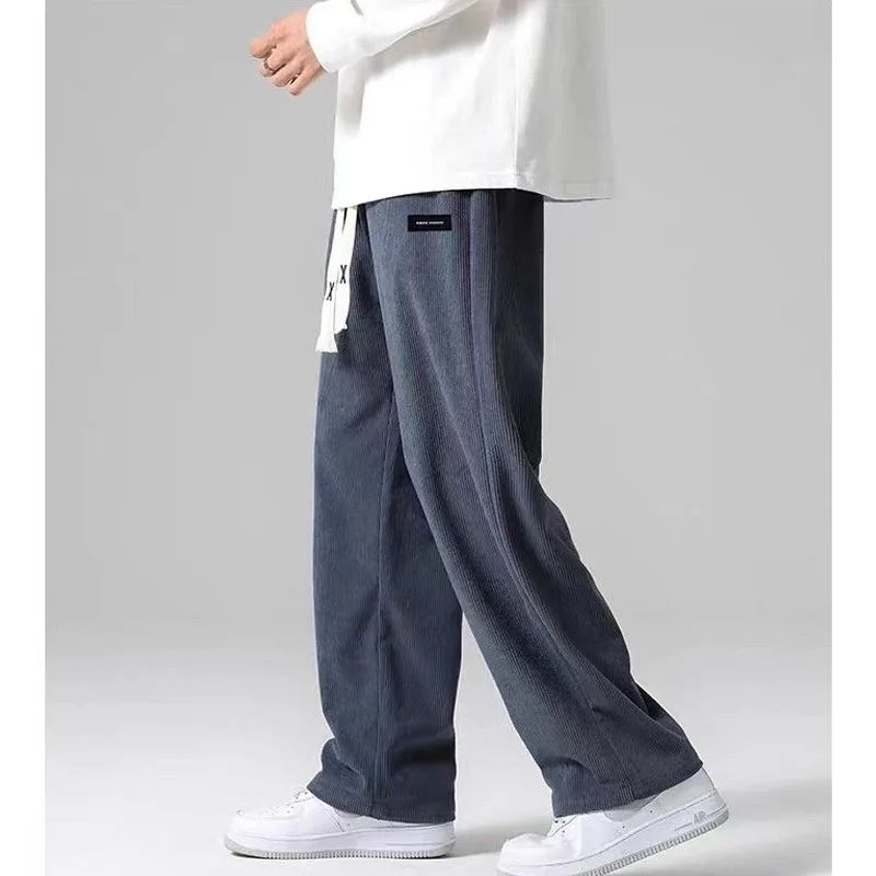 2023 New Spring and Autumn Fashion Casual Versatile Corduroy Solid Color Wide Leg 9/4 Loose and High Draping Men Sports Pants
