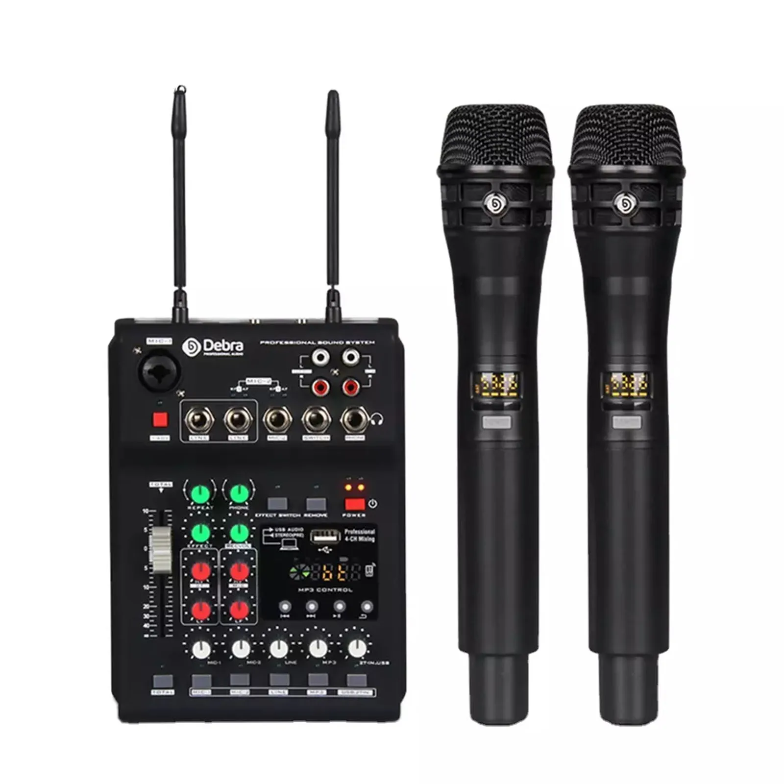 

Audio Uhf Dual Channel Wireless Microphone Audio Mixer Set with Usb Bt5.0 Reverb for Smartphone Recording Karaoke Ktv