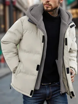 Giacca invernale da uomo in finto antivento Cappotto casual in poliestere con cappuccio staccabile Cerniera frontale Maniche lunghe e tasche Abiti invernali 1