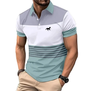 Camisa polo de manga curta masculina, roupa casual de golfe, lapela, estampa logotipo, verão