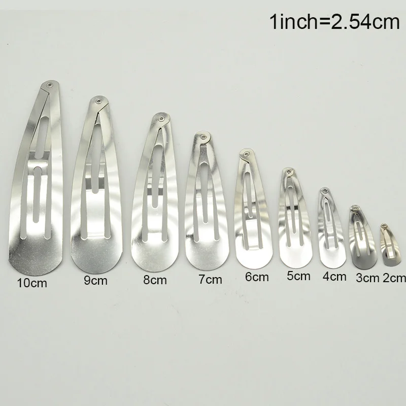 100 Snap Hair Clips - Silver Metal Tear Drop Shape with Hole - 40mm