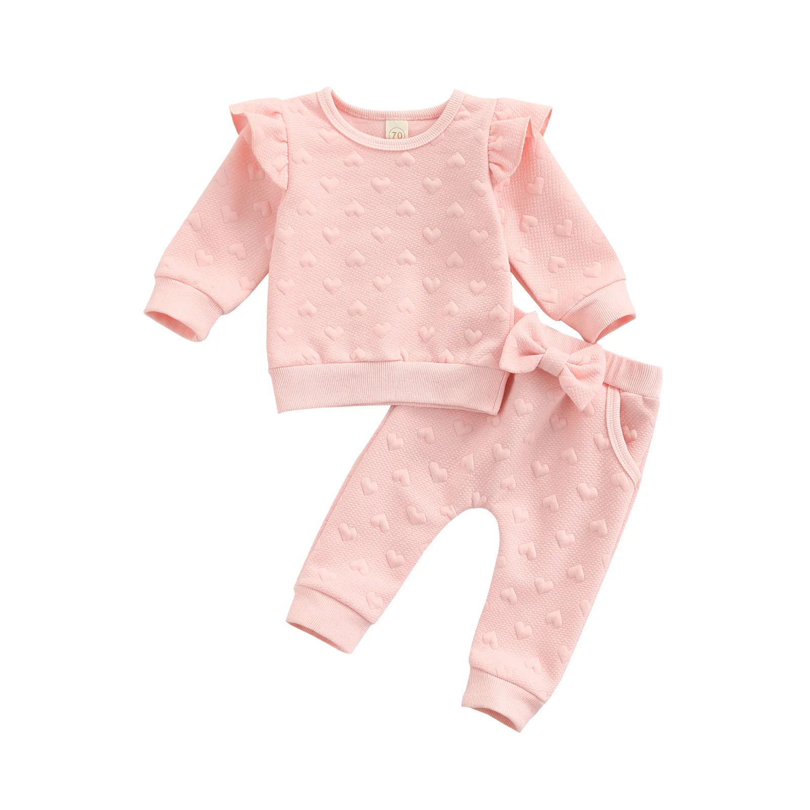 

0-24 Months Newborn 2Pcs Casual Sweet Clothes Set Solid Color Ruffle Long Sleeve Tops+ Bowknot Pants Suit Baby Girls Outfits
