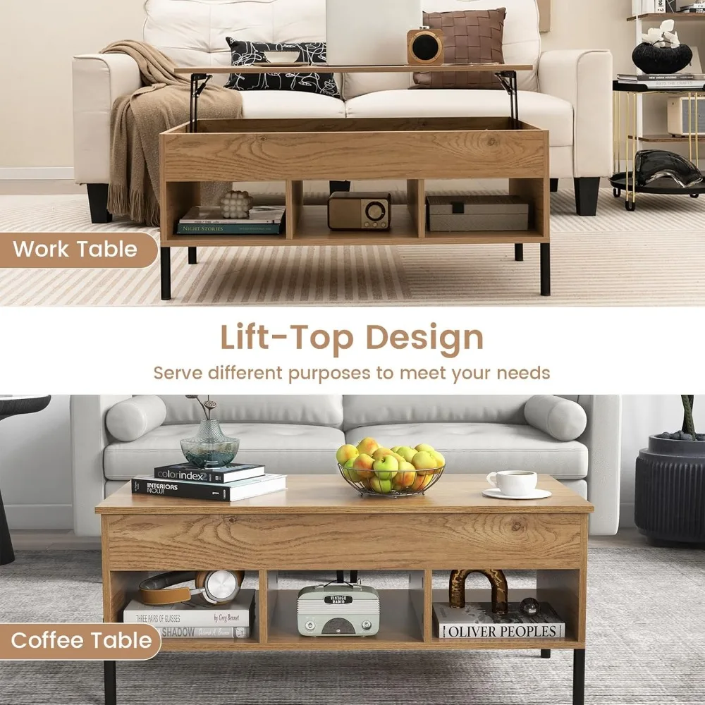 Lift Top Coffee Table - Rectangular Wooden Table w/Hidden Compartment & Open Storage Shelves, Multifunctional Modern Flip Table 4