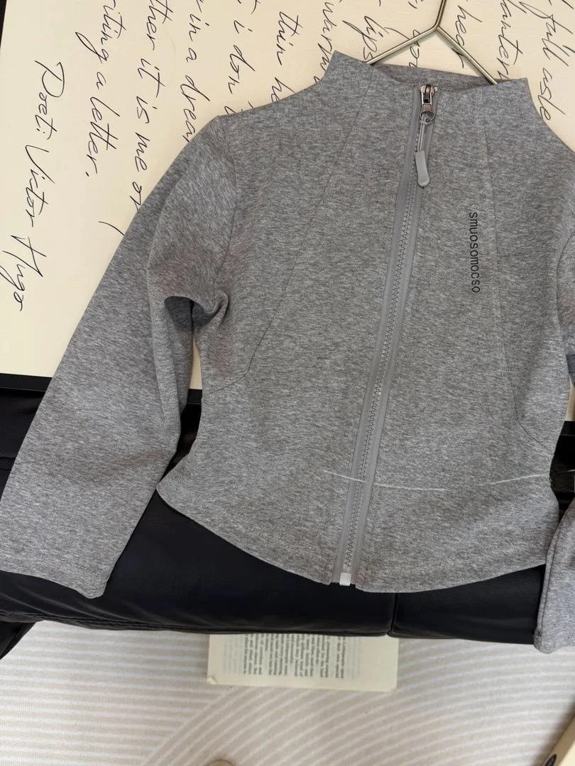 여아 지퍼 가디건 자켓 캐주얼 트렌디 그레이 오픈셔츠 스타일 2026년 봄 신상 코튼 긴팔 스트레이트 밑단 모자 없음