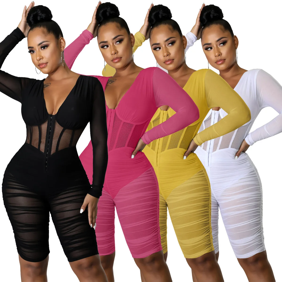 

White See Through Playsuit Ladie Long Sleeve Sheer Mesh Patchwork Pleated Jumpsuit Skinny Party Outfits Rompers Playsuit