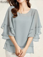 2025 ZANZEA Fashion Women Chiffon Blouse Solid Color Tops Tunic Autumn 3/4 Sleeve Ruffled Shirts Casual Office Lady Elegant Tops