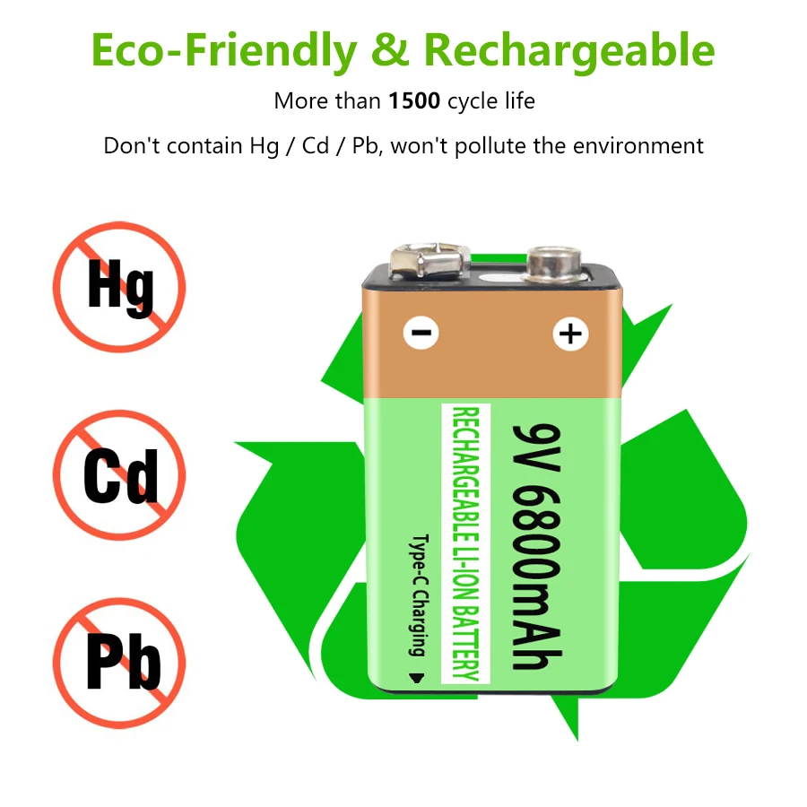 9V Rechargeable Battery Large Capacity Long-Lasting Li-ion Battery Type-C Port 6800mAh 1.5H Fast Charge Over 1500 Cycle Life