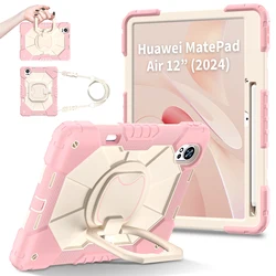 Rotating Stand Armor Case with Handle Grip and Shoulder Strap - Heavy Duty Universal Tablet Cover for MatePad Air 2025 (Rose Gold - Cream)