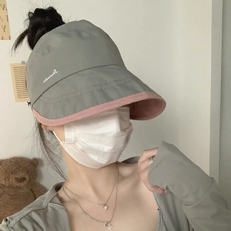 Sommar Tom Top Bred Brättad Solhatt För Kvinnor Anti UV Solkräm Bucket Hat Kvinna Solskydd Utomhus Strandkeps_voghion.com