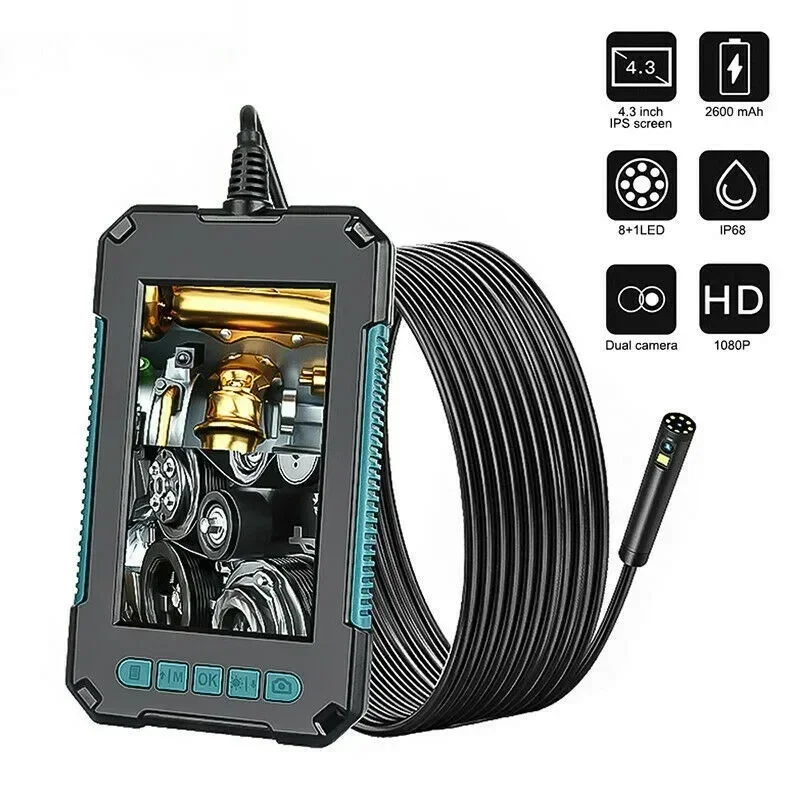 8mm Dual Lens Endoscope Camera 8 LED Lights Waterproof Industrial Endoscope 4.3'' HD Screen Hard Cable TF Card Inspection Camera